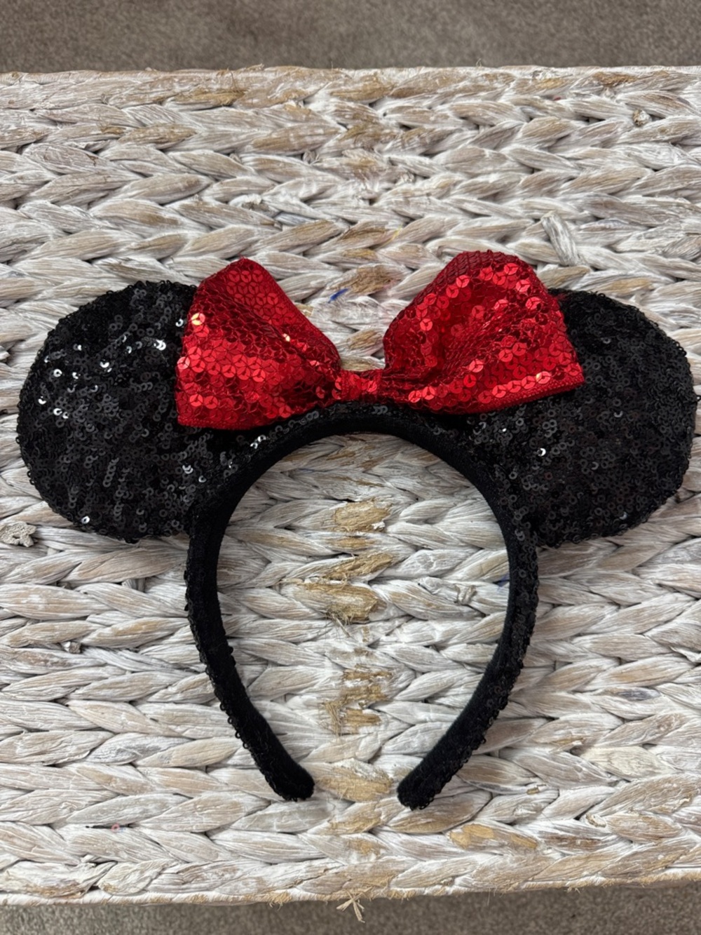 Sequin Minnie Mouse Ear Headband with Red Bow